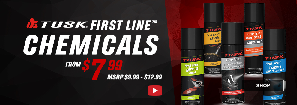 Tusk First Line Chemicals, from $7 and 99 cents, MSRP $9 and 99 cents to $12 and 99 cents, video, a collage of all the aerosol cans, link, shop